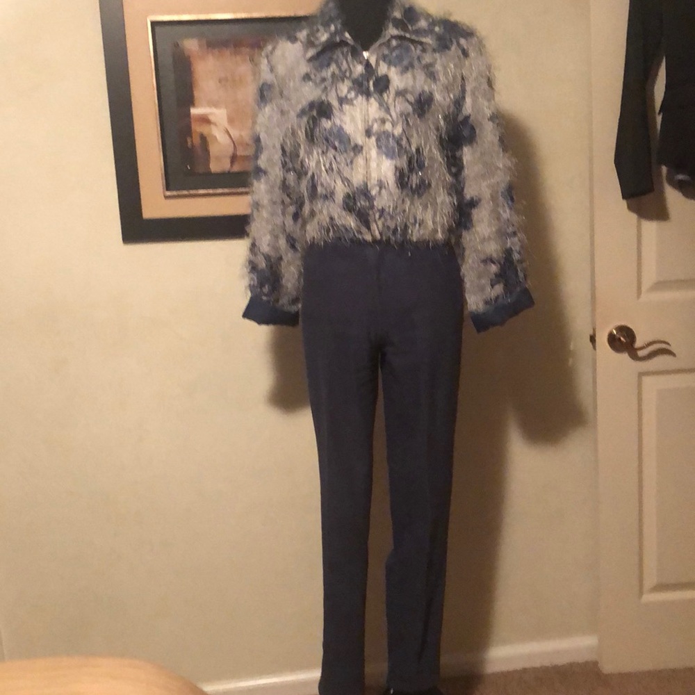 Soft denim style pants with silver blue jacket